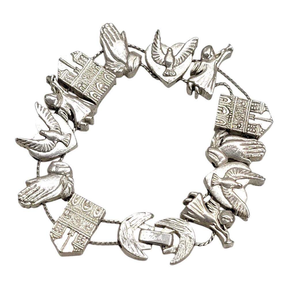 Vintage Religious Slide Charm Bracelet Silver Tone Angel Praying Hands Church